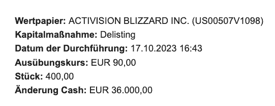 Delisting | automatischer Verkauf von Activision Blizzard Aktien